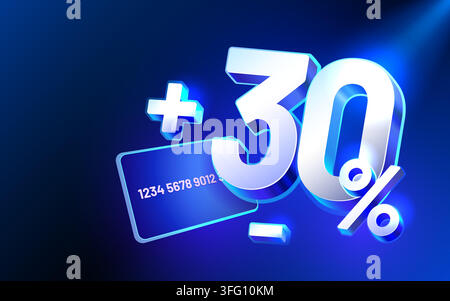 Captivating 30 Discount Promotion with Glossy 3D Numbers and Credit Card on a blue background. Vector illustration. Stock Vector
