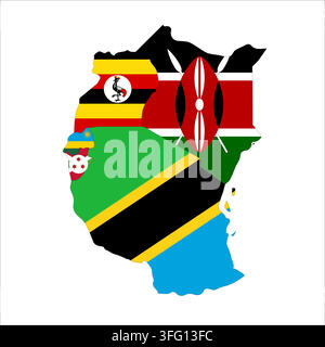 Flag map outline shape of East Africa Countries. Flags of countries fill the shapes with their colors. Symbol of regional cooperation, identity and partnership Stock Vector