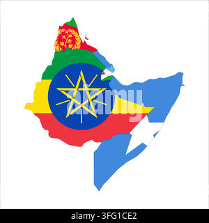 Flag map outline shape of Horn of Africa - Somalia, Ethiopia, Eritrea and Djibouti. Flags of countries fill the shapes with their colors. Symbol of regional cooperation, identity and partnership Stock Vector