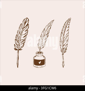 Vintage writing pen and inkwell. Collection of calligraphy pens. Brown linear illustration on a white background. Vector clipart Stock Vector