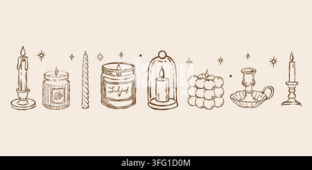 A charming collection of hand-drawn candles in various shapes and sizes. Modern jar candles, vintage pillar candles, and decorative candle holders set against a warm, neutral background. Vector set Stock Vector