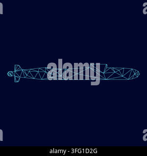 Submarine low poly triangulation triangulated polygonal electric cyan blue vibrant aqua neon color vector illustration image outline contour line Stock Vector