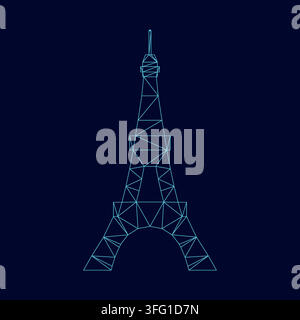 Eiffel Tower low poly triangulation triangulated polygonal electric cyan blue vibrant aqua neon color vector illustration image outline contour line Stock Vector