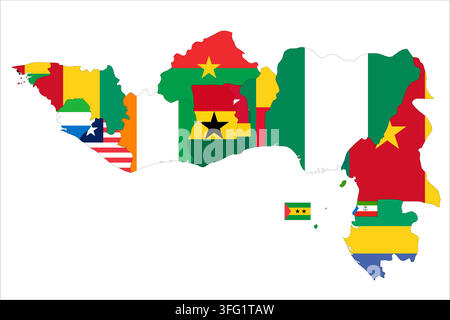 Flag map outline shape of Gulf of Guinea Countries. Flags of countries fill the shapes with their colors. Symbol of regional cooperation, identity and partnership Stock Vector