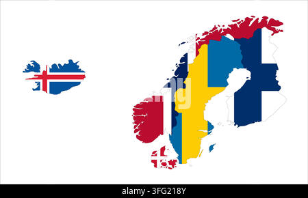 Flag map outline shape of Scandinavia - Norway, Sweden, Denmark, Iceland and Finland. Flags of countries fill the shapes with their colors. Symbol of regional cooperation, identity and partnership Stock Vector