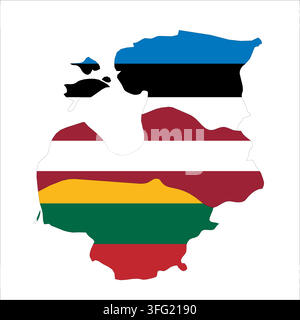 Flag map outline shape of Baltic countries - Estonia, Latvia and Lithuania. Flags of countries fill the shapes with their colors. Symbol of regional cooperation, identity and partnership Stock Vector