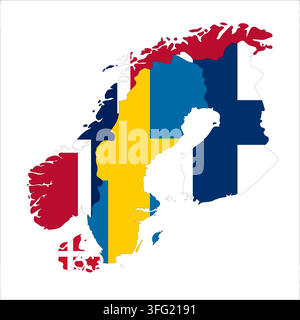 Flag map outline shape of Scandinavian Peninsula - Norway, Sweden, Denmark and Finland. Flags of countries fill the shapes with their colors. Symbol of regional cooperation, identity and partnership Stock Vector