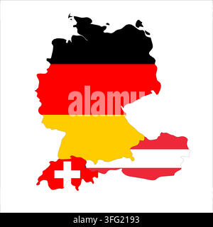 Flag map outline shape of German Speaking Countries. Flags of countries fill the shapes with their colors. Symbol of regional cooperation, identity and partnership Stock Vector