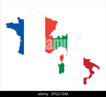 Flag map outline shape of France and Italy. Flags of countries fill the shapes with their colors. Symbol of regional cooperation, identity and partnership Stock Vector