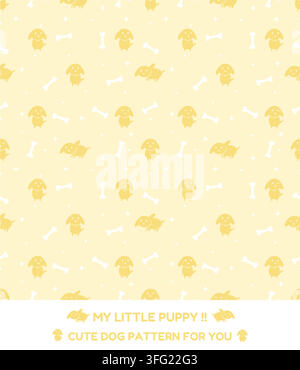 Cute puppy and bone seamless pattern with playful dog characters, white bones and tiny stars on a pastel yellow background. Adorable design for pet an Stock Vector