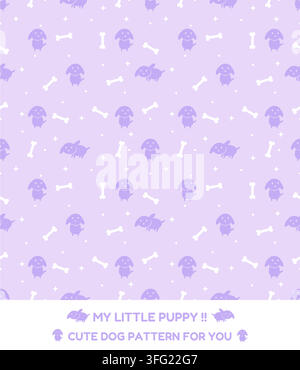 Cute puppy and bone seamless pattern with playful dog characters, white bones and tiny stars on a pastel purple background. Adorable design for pet an Stock Vector