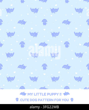 Cute puppy seamless pattern poster with hearts, sparkles and My Little Puppy text on a pastel blue background. Adorable dog design for pet and kids pr Stock Vector