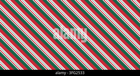 Diagonal candy cane stripes in red green and white form a seamless christmas pattern with alternating wide and thin bands for festive wrapping paper a Stock Vector