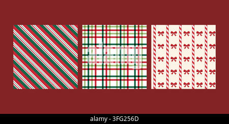 Christmas set of three seamless pattern designs combines red and green candy cane stripes with plaid and bows on white and cream panels presented agai Stock Vector