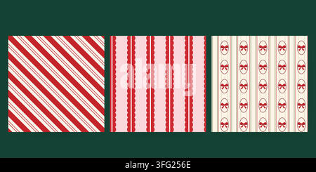 Christmas set of three seamless pattern designs features candy cane stripes and red bows alongside scalloped bands in pink and cream presented on a da Stock Vector