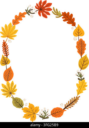 Autumn oval wreath with maple leaves and white berry branches circles open copy space center. Oak foliage fills gaps between leaves. Warm orange and Stock Vector