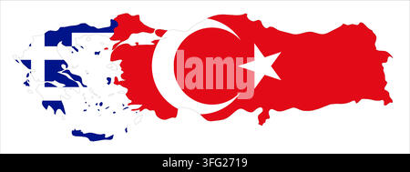 Flag map outline shape of Greece and Turkey. Flags of countries fill the shapes with their colors. Symbol of regional cooperation, identity and partnership Stock Vector