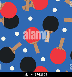 seamless pattern with table tennis rackets and ping pong balls on a blue table tennis table - vector illustration Stock Vector