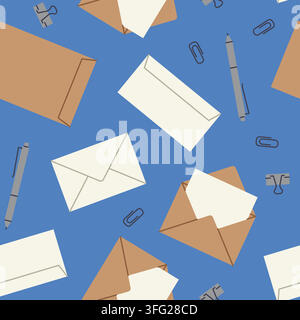 seamless pattern with envelope, paper clips and pen icons for stationery, office supplies, correspondence, letters and business communication - vector Stock Vector