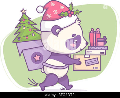 Kawaii Panda Courier in Santa Hat with Mistletoe Running Fast with Christmas Tree in Backpack and Parcel, Present Boxes. Cute Bear Mascot. Holiday Exp Stock Vector