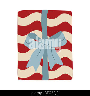 Hand-drawn wrapped gift box illustration with ribbon and bow and wavy pattern for birthday, Christmas, baby shower, birthday  Stock Vector