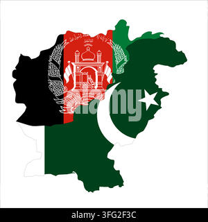 Flag map outline shape of Afghanistan and Pakistan. Flags of countries fill the shapes with their colors. Symbol of regional cooperation, identity and partnership Stock Vector