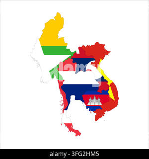 Flag map outline shape of Mainland Southeast Asia. Flags of countries fill the shapes with their colors. Symbol of regional cooperation, identity and partnership Stock Vector