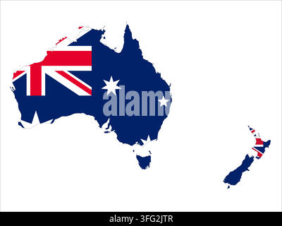 Flag map outline shape of Australia and New Zealand. Flags of countries fill the shapes with their colors. Symbol of regional cooperation, identity and partnership Stock Vector