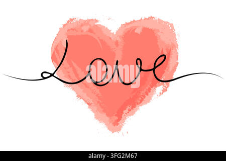 Love lettering with painted heart. Continuous line calligraphy script. Vector illustration Stock Vector