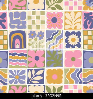 Cute Retro Patchwork Seamless Pattern Featuring Playful Floral Geometric Motifs And Rainbows For Children Stock Vector