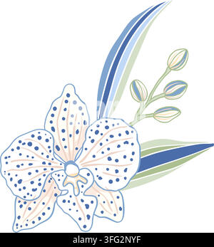 Elegant Orchid Botanical Illustration Featuring Delicate Spotted Blossom And Gracefully Curving Leaves And Buds Stock Vector