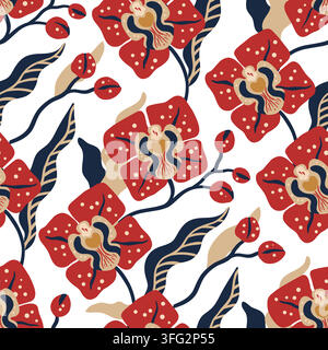 Decorative Orchid Floral Seamless Pattern Featuring Bold Stylized Blossoms And Gracefully Flowing Botanical Foliage Stock Vector