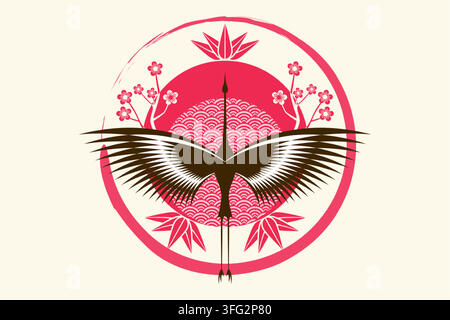 stylized heron logo design, Japanese style. Abstract flying bird or stork symbol template with floral decoration, suitable for your brand, vector Stock Vector