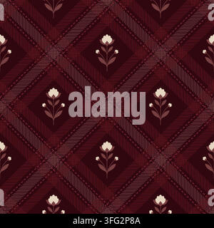 Vintage Rustic Floral Plaid Seamless Pattern Featuring Checkered Lattice And Delicate Botanical Sprigs  Stock Vector