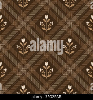 Vintage Rustic Floral Plaid Seamless Pattern Featuring Checkered Lattice And Delicate Botanical Sprigs  Stock Vector