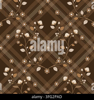 Vintage Rustic Floral Plaid Seamless Pattern Featuring Checkered Geometry And Decorative Curling Botanical Vines Stock Vector