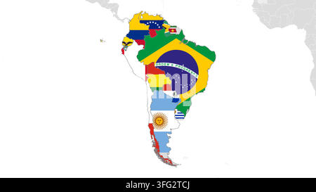 South american continent map highlighting individual countries with their national flags Stock Vector