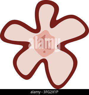 Hand drawn chintz style illustration of a single stylised flower with wavy pink petals, a deep burgundy outline and a star shaped centre Stock Vector