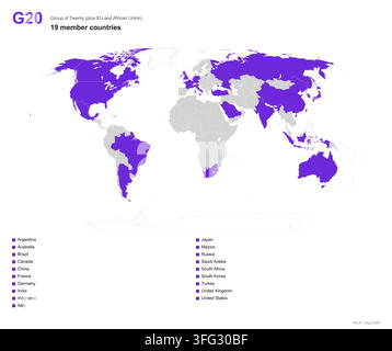 World map showing g20 group of twenty member countries highlighted in purple Stock Vector