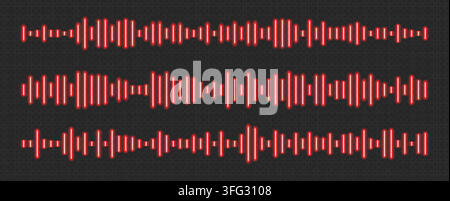 Neon soundwaves, red isolated glowing sound audio waves. Stock Vector