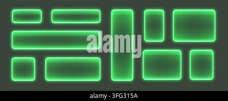 Glossy neon buttons, glowing glass banners in green color. Stock Vector