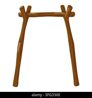 Wooden campfire cooking stand made from forked branches. Cartoon vector illustration on white background.  Stock Vector
