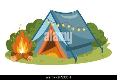 Blue camping tent decorated with string lights beside burning campfire. Cartoon vector illustration on white background Stock Vector