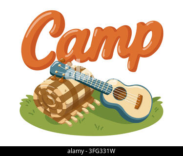 Camp lettering with ukulele and rolled plaid blanket on grass. Cartoon vector illustration on white background.  Stock Vector