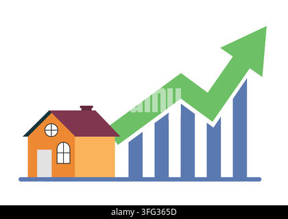 Flat style vector illustration showing a house alongside a blue bar chart and a green upward-trending arrow representing property appreciation and gro Stock Vector