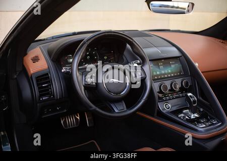 Jaguar F-Type Cabriolet Luxury Sports Car Interior Dashboard Steering Wheel Stock Photo