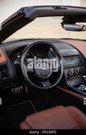 Jaguar F-Type Cabriolet Luxury Sports Car Interior Dashboard Steering Wheel Stock Photo