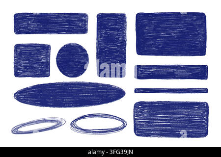 Pen or crayon texture frame boxes. Blue rectangles, squares and oval borders perfect for creative backgrounds, school designs Stock Vector