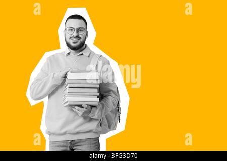 Higher education and student success, young man holding a stack of books with a backpack on a bright yellow background Stock Photo