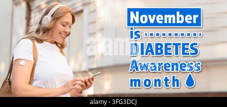 Diabetes awareness month, woman with glucose monitoring sensor using smartphone for health management and blood sugar tracking in urban environment Stock Photo